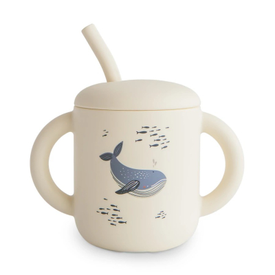 Mushie szilikon szívószálas itatópohár – Whales (bálnák)